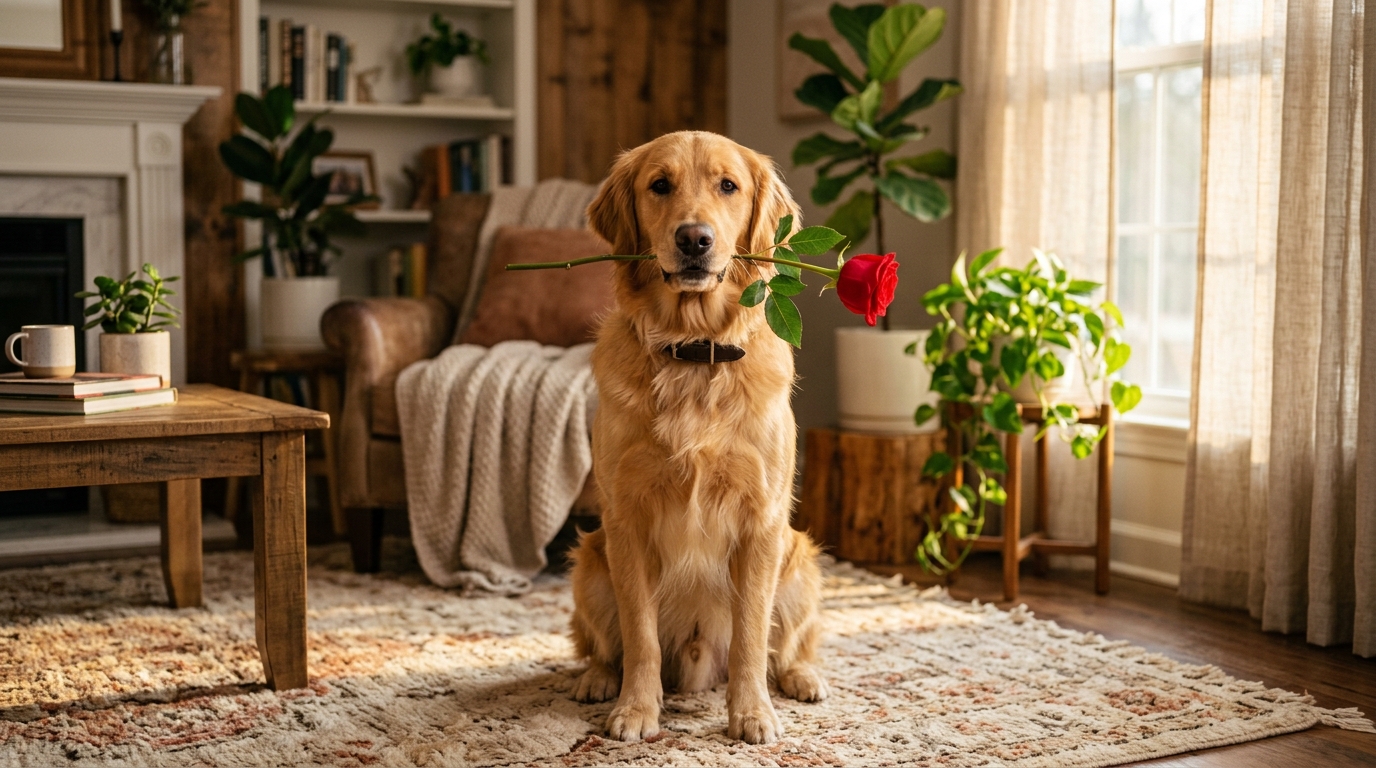 Loving Golden Retriever with a Red Rose in Mouth